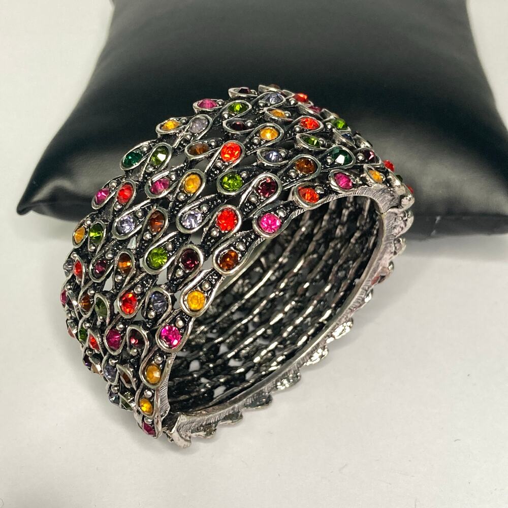 Silvertone Multicolor Crystal Hinged Bracelet Sta… - image 7
